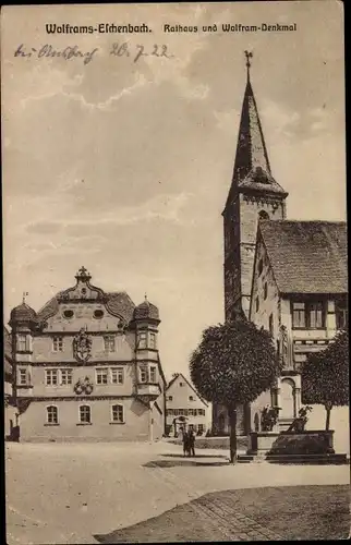 Ak Wolframs Eschenbach in Mittelfranken, Rathaus und Wolfram Denkmal