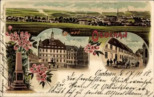 Litho Oederan in Sachsen, Gesamtansicht, Engegasse, Markt, Rathaus, Denkmal