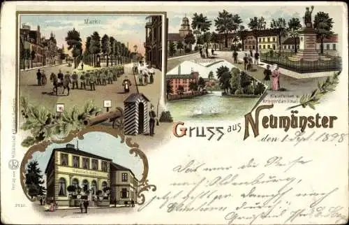 Litho Neumünster in Holstein, Markt, Kleinflecken, Kriegerdenkmal, Bahnhofs Hotel, Teich