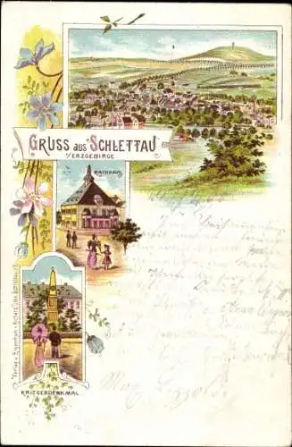 Litho Schlettau im Erzgebirge, Panorama, Rathaus, Kriegerdenkmal