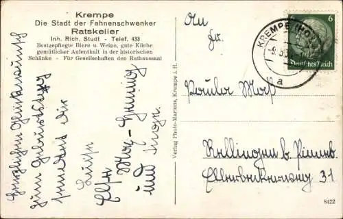 Ak Krempe in Holstein, Rathaus, Ratskeller, Kremper Fahnenschwenker a.d. Weltausstellung Antwerpen