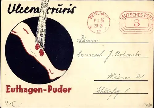 Ak Reklame Euthagen Puder zur Behandlung von Ulcera cruris, Chem. Fabrik Grünau Landshoff & Meyer
