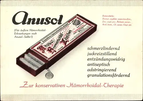 Ak Reklame Anusol Haemorrhoidal Zäpchen, Zur konservativen Therapie, Chem. Fabrik Goedecke & Co.