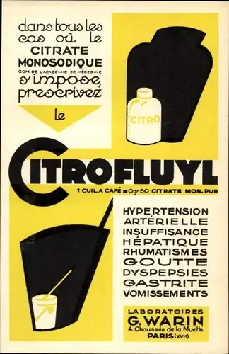 Ak Reklame Citrofluyl, Citrate Monosodique, Laboratoires G. Warin, Paris XVI.