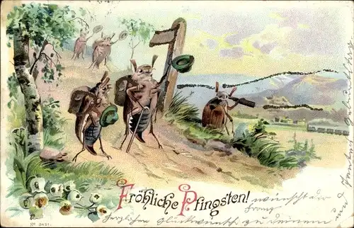 Glitzer Litho Glückwunsch Pfingsten, Wandernde Maikäfer, Maiglöckchen
