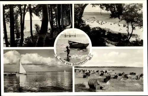Ak Scharbeutz, Blick auf das Meer, Strand, Segelboot, Waldpartie