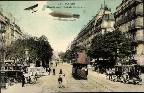 Ak Paris V., Boulevard Saint Germain, Straßenbahn, Zeppelin, Flugzeug