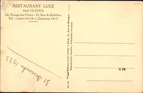 Ak Paris II., Restaurant Luce, Passage des Princes, Rue de Richelieu, Koch