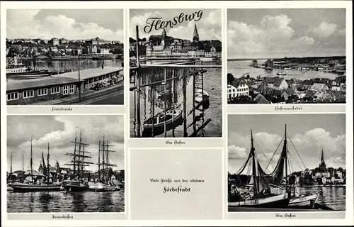 Ak Flensburg, Blick auf den Hafen und die Fördebrücke