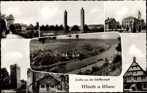 Ak Wörth am Main in Unterfranken, Stadttor, Am Galgen, Denkmal, Hexenturm, Waldhaus, Rathaus