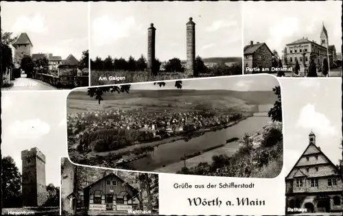 Ak Wörth am Main in Unterfranken, Am Galgen, Hexenturm, Waldhaus, Rathaus, Denkmal