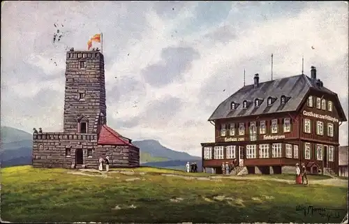 Künstler Ak Moralt, Willy, Feldberg, Gasthaus zum Feldbergturm mit Friedrich Luisen Turm