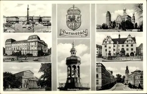 Ak Darmstadt in Hessen, Luisenplatz, Schloss, Glockenturm, Landestheater, Rathaus, Künstlerkolonie