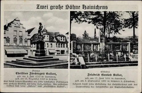 Ak Hainichen Sachsen, Denkmäler, Christian Fürchtegott Gellert, Erfinder Friedrich Gottlob Keller