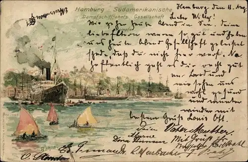 Künstler Litho Bahio, Hamburg, Südamerikanische Dampfschifffahrts-Gesellschaft, Schiffe, Boote