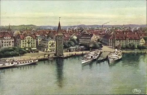 Ak Lindau am Bodensee Schwaben, Hafenpartie, Blick über die Stadt