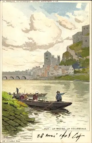 Künstler Litho Ranot, F., Huy Wallonien Lüttich, Le Meuse, La Collegiale