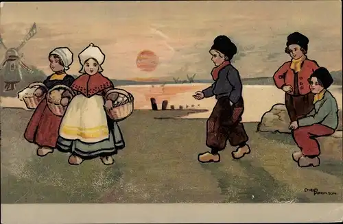 Künstler Ak Parkinson, Ethel, Kinder in niederländischer Tracht, Windmühle