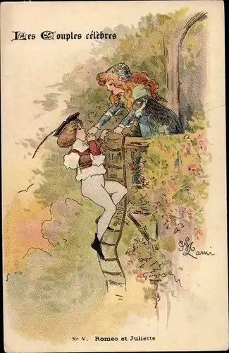 Künstler Ak Liebespaar, Romeo et Juliette, Leiter, Balkon