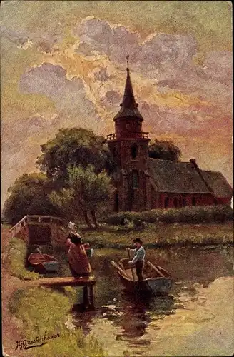 Künstler Ak Gerstenhauser, J. G., Junge beim Rudern, Mädchen in niederländischer Tracht