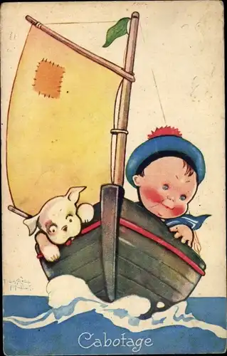 Künstler Ak Mallet, Beatrice, Cabotage, Junge und Hund, Segelboot