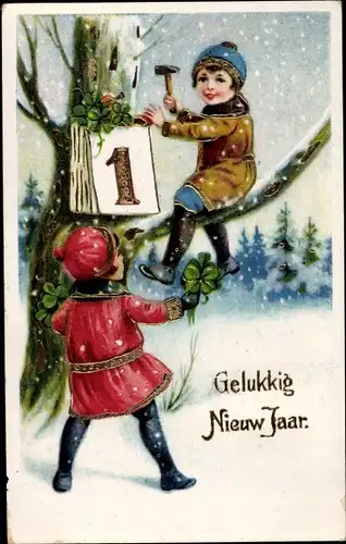 Ak Glückwunsch Neujahr, Kinder, Baum, Kalender, Glücksklee