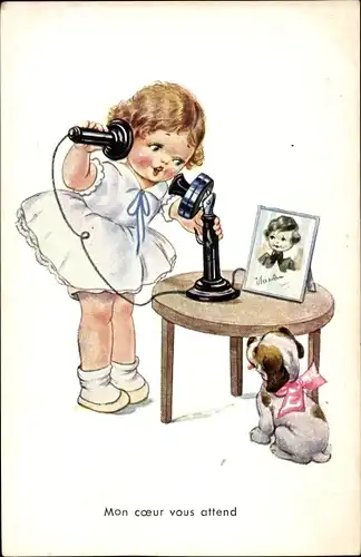 Ak Ein liebend Herz gleich Feuer fängt, Mädchen, Telefon, Hund