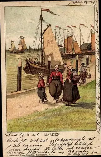 Ak Partie am Hafen, Menschen in niederländischer Tracht, Segelboote