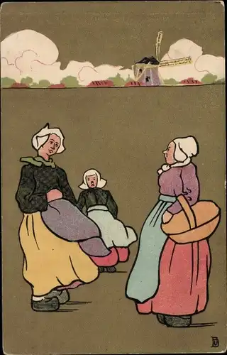 Künstler Ak Frauen in niederländischer Tracht, Korb, Windmühle