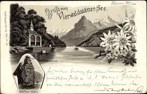 Litho Luzern Stadt Schweiz, Vierwaldtstätter See, Schillerstein, Tellskapelle, Edelweiß