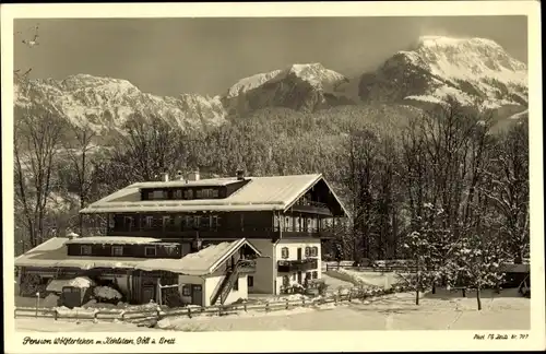 Ak Schönau am Königssee Oberbayern, Pension Wölferlehen, Winter, Kehlstein, Göll, Brett