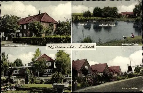 Ak Dissau Lübeck, Kaufhaus Schultz, Teich, Ortspartie, Blick zu Mühle