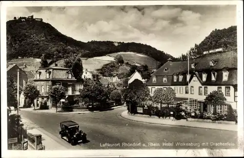 Ak Rhöndorf Bad Honnef am Rhein, Hotel Wolkenburg mit Drachenfels