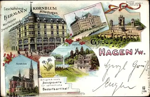 Litho Hagen in Westfalen Ruhrgebiet, Geschäftshaus Hermann Kornblum, Waldlust, Kirche, Gewerbeschule