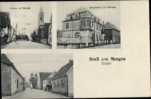 Ak Mengen in Oberschwaben Baden Württemberg, Sparkasse, Rathaus, Kirche, Straßenpartie