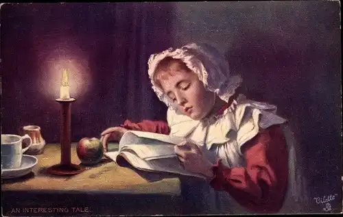 Künstler Ak An interesting tale, lesendes Mächen, by Candle Light