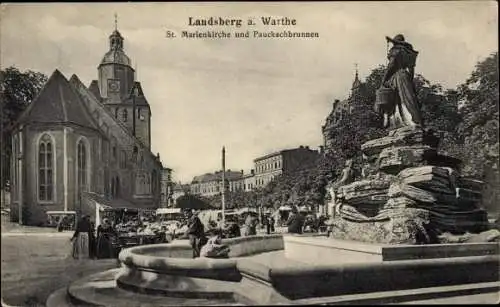 Ak Gorzów Wielkopolski Landsberg an der Warthe Ostbrandenburg, St. Marien Kirche, Pauckschbrunnen