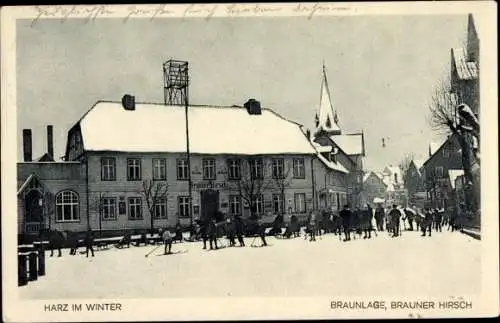 Ak Braunlage im Oberharz, Gasthof Brauner Hirsch, Skifahrer, Winter