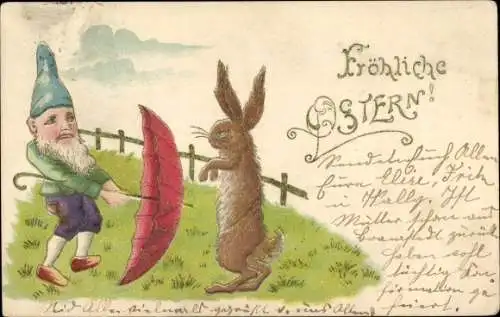 Präge Glitzer Ak Glückwunsch, Ostern, Osterhase, Zwerg, Regenschirm