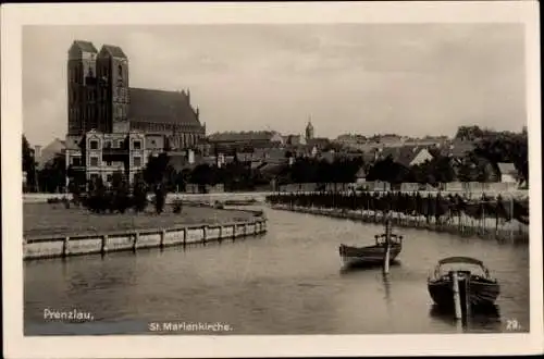 Ak Prenzlau in der Uckermark, Uferstraße mit St. Marien Kirche vor d. Zerstörung