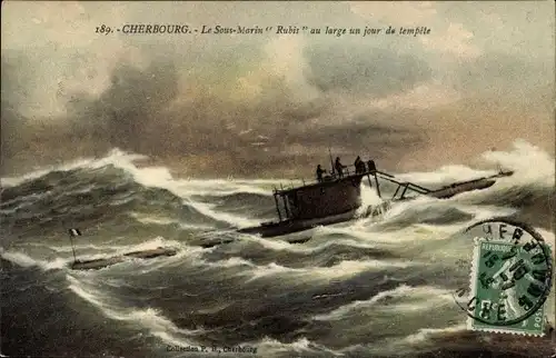 Ak Cherbourg Octeville Manche, Französisches U Boot, Rubis, Sous Marin un jour de tempete