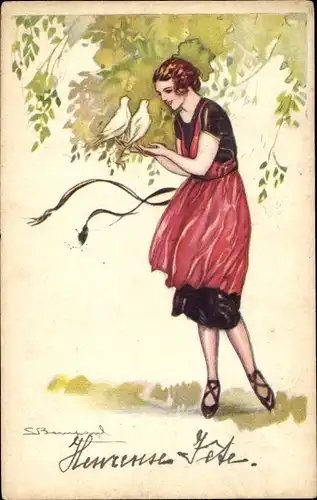 Künstler Ak Frau mit zwei Tauben auf der Hand