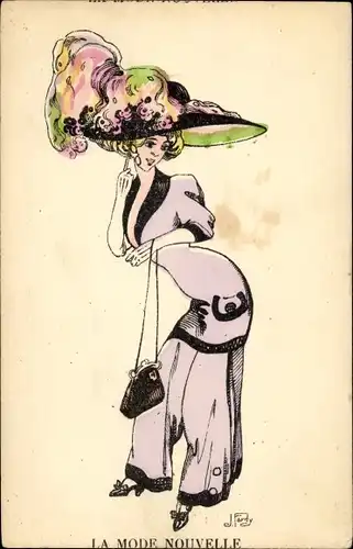 Künstler Ak La Mode Nouvelle, Frau mit Hut und Hosenanzug