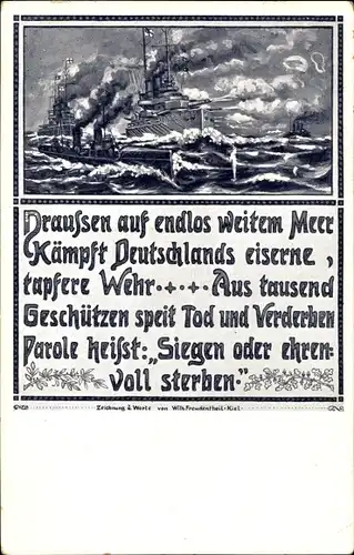 Künstler Ak Deutsche Kriegsschiffe, Draußen auf endlos weitem Meer