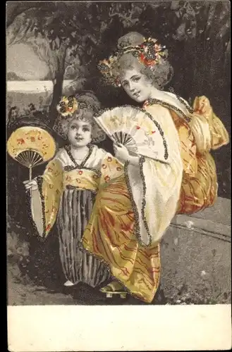 Glitzer Ak Frau und Kind in japanischen Trachten, Fächer, Kimono