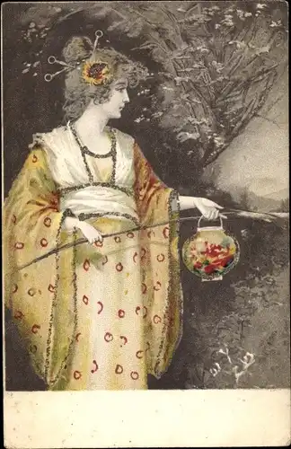 Glitzer Ak Frau japanischer Tracht, Lampion, Kimono