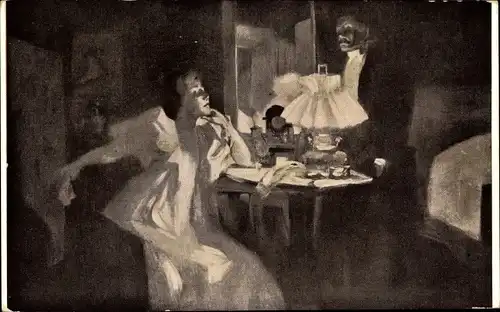 Jugendstil Künstler Ak Reznicek, Ferdinand von, Abrechnung, Frau und Mann bei Lampenschein