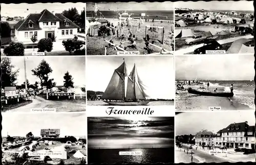 Ak Franceville Calvados, Segelschiff, La Plage, Camping, La Poste