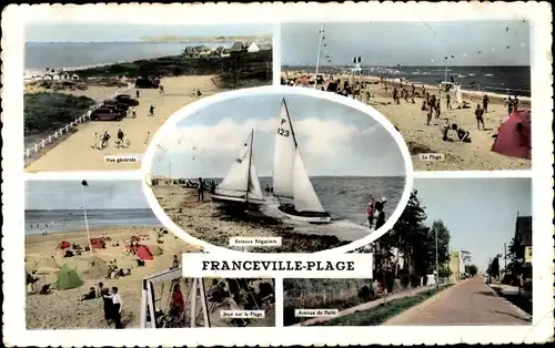 Ak Franceville Calvados, vue générale, la Plage, Avenue de Paris, bateaux régatiers