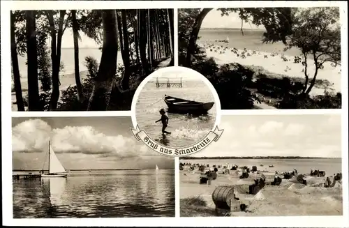 Ak Scharbeutz, Blick auf das Meer, Strand, Segelboot, Waldpartie